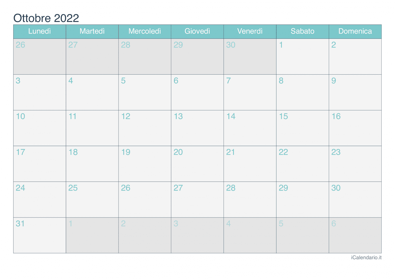 Calendario di ottobre 2022 - Turchese