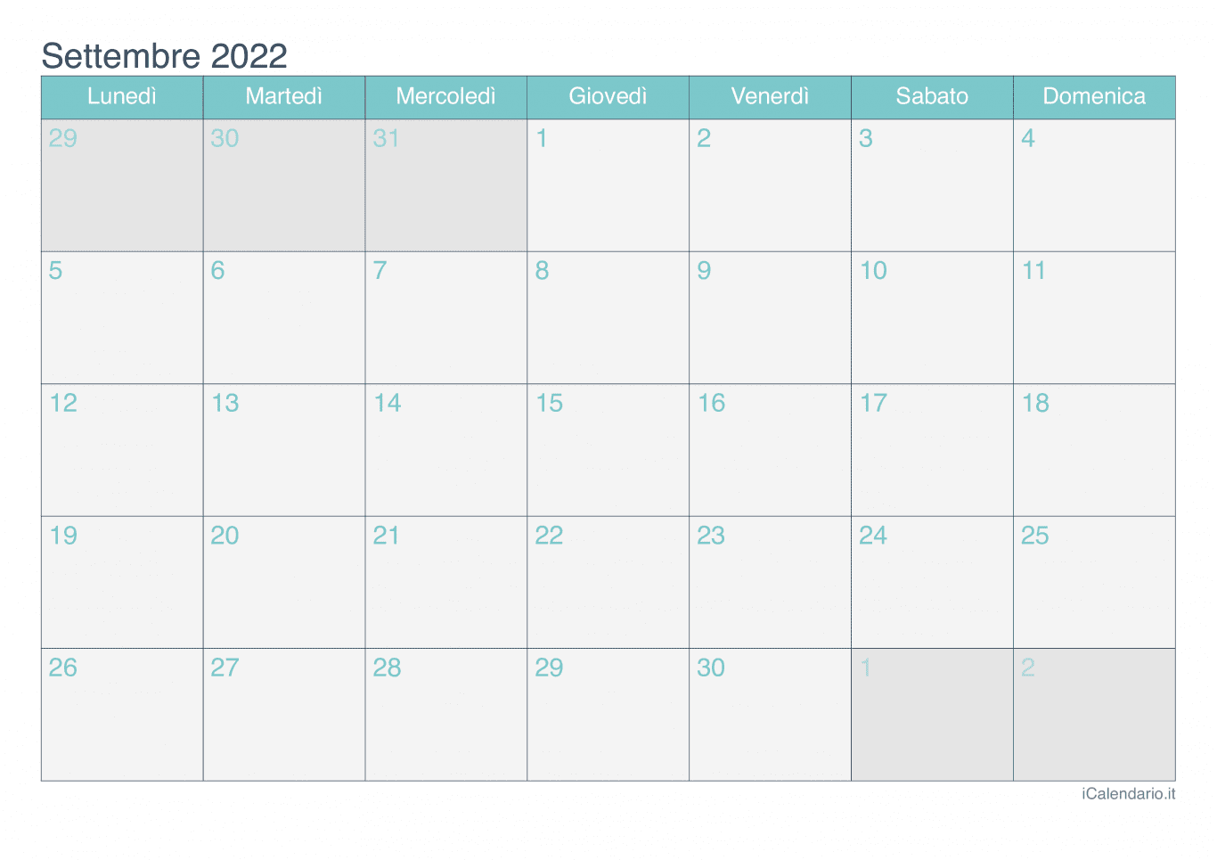 Calendario di settembre 2022 - Turchese