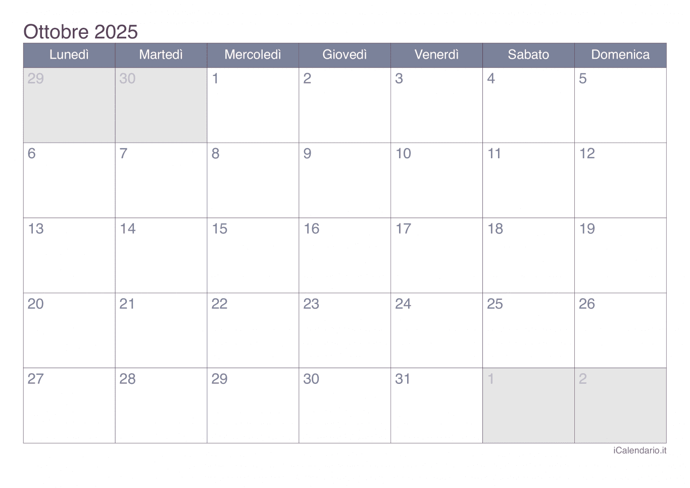 Calendario di ottobre 2025 - Office