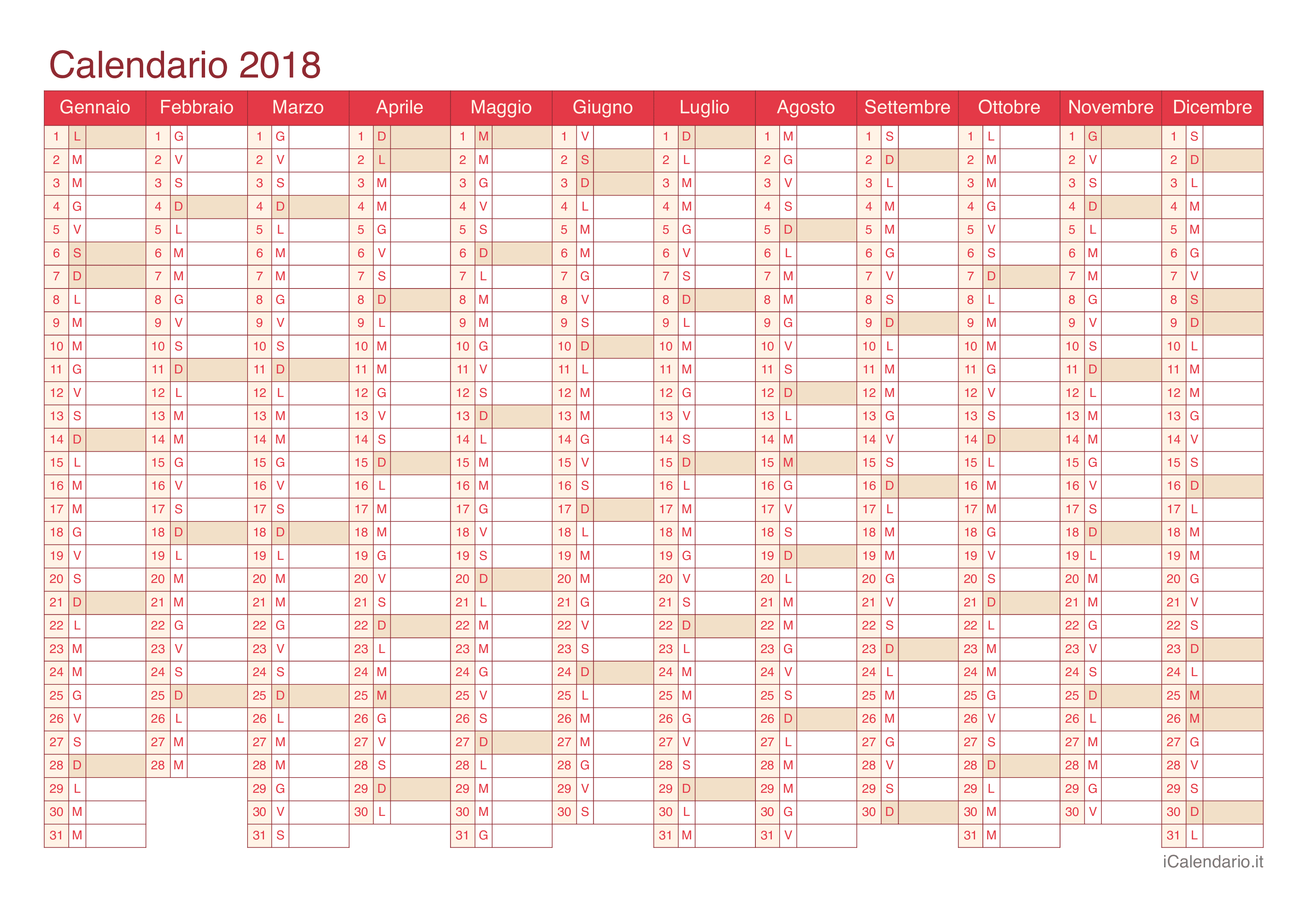 calendario annuale 2018 excel da