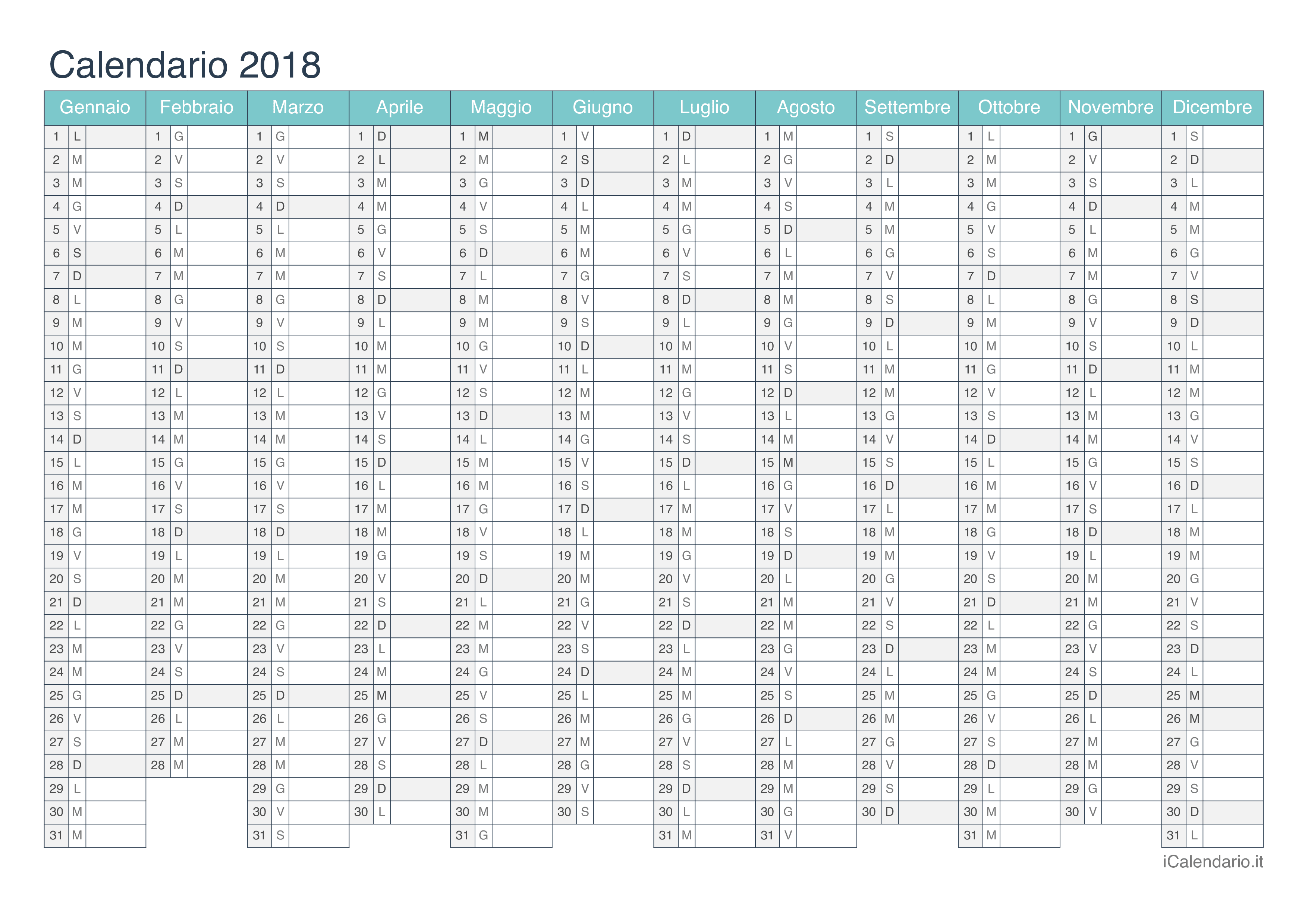 calendario annuale 2018 excel da