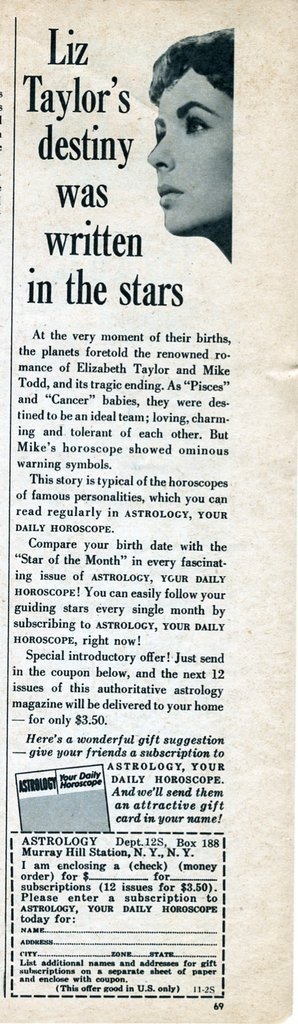 Pubblicità del 1958 per "Astrology, your daily horoscope".