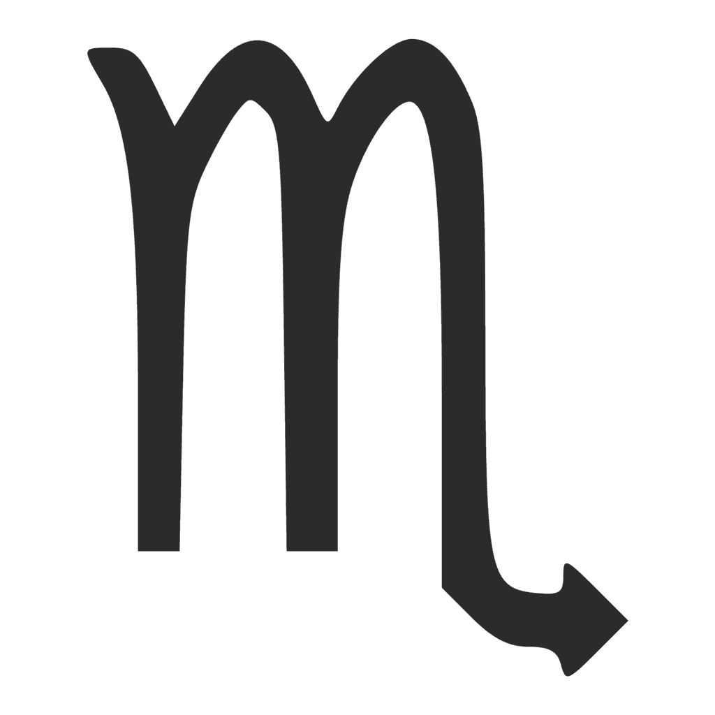 Il segno dello Scorpione è composto dalla lettera “m”, come il simbolo della Vergine, ma nel suo caso l’ultima gamba della “m” è dotata del pungiglione velenoso dell’animale.