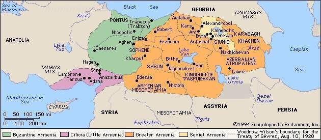 Carta storica dell'Armenia che mostra le diverse fasi dell'evoluzione territoriale del paese