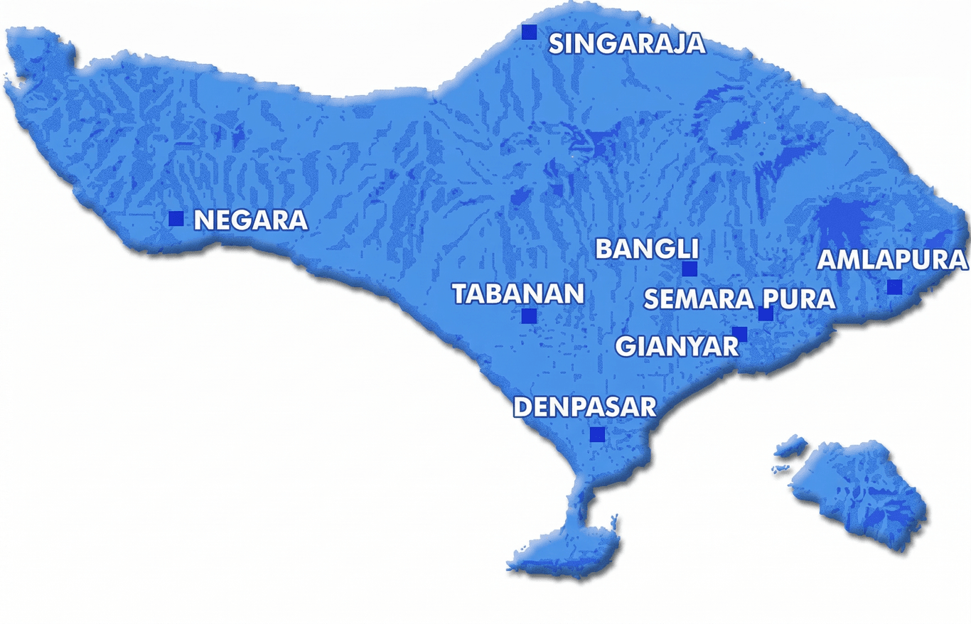 Carta di Bali. L'isola di Bali si trova nell'oceano Indiano, 5.000 km², 3.000.000 di abitanti.
