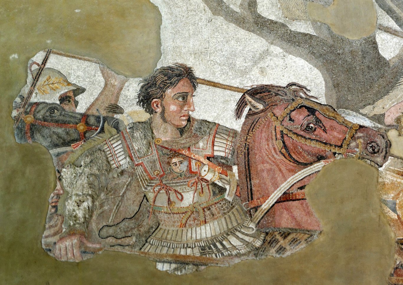 Mosaico romano proveniente dal pavimento della Casa del Fauno a Pompei, eseguito da un dipinto del Greco Filosseno di Eretria, La battaglia di Alessandro, III secolo a.C. Rappresenta la battaglia di Isso (333 a.C.), nel corso della quale Alessandro Magno, raffigurato in questo dettaglio, riportò una schiacciante vittoria sul re di Persia Dario III.
Mosaico, 313 × 582 cm per l'opera completa. Museo archeologico nazionale, Napoli.