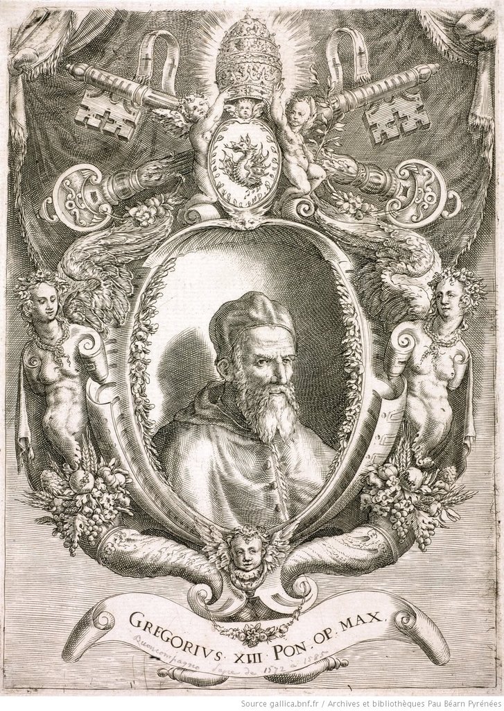 Papa Gregorio XIII (1502-1585), il cui pontificato durò dal 1572 al 1585. Incisione di Cherubino Alberti, 1585.