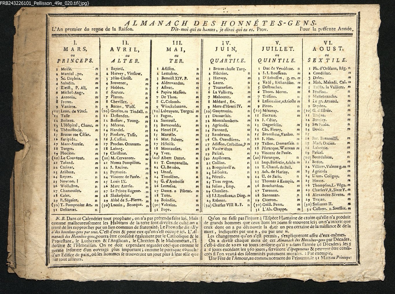 L'almanach des honnêtes gens, anno primo del regno della Raifon, da marzo ad agosto.