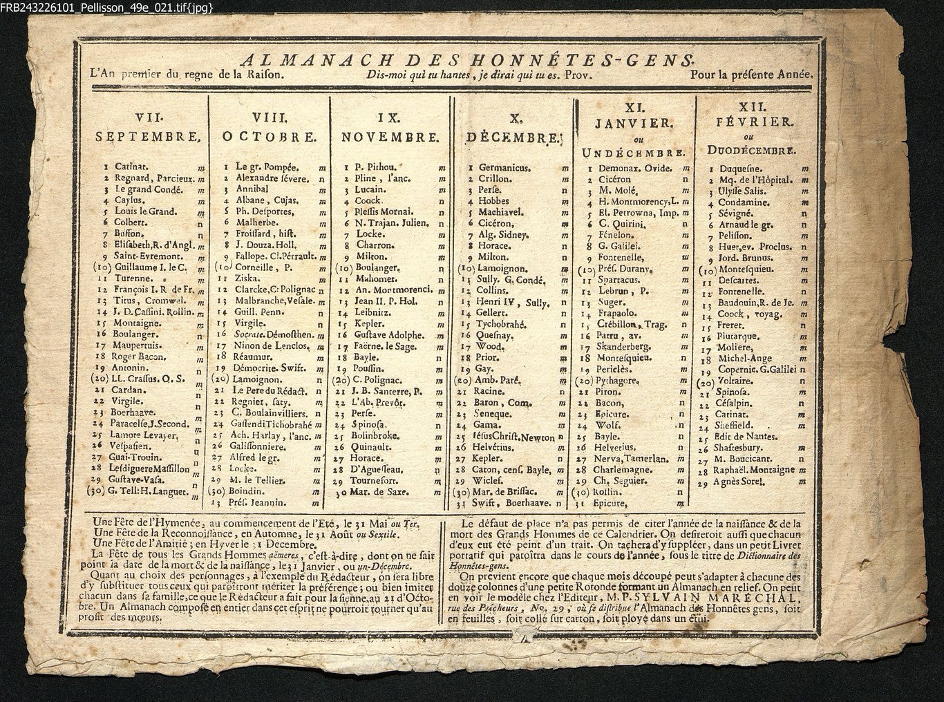 L'almanach des honnêtes gens, anno primo del regno della Raifon, da settembre a febbraio.