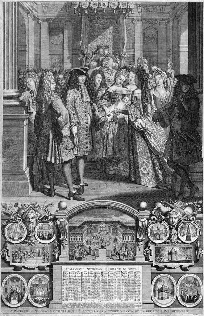 Almanach Royal del 1705. Nascita del duca di Bretagna, pronipote di Luigi XIV, il 25 giugno 1704.