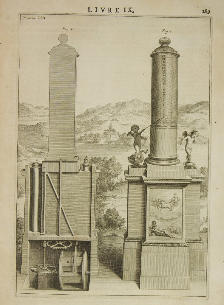 Orologio idraulico di Ctesibio tratto dall'opera I dieci libri di architettura di Vitruvio, seconda edizione, Biblioteca della Fondazione Werner Oechslin, Einsiedeln