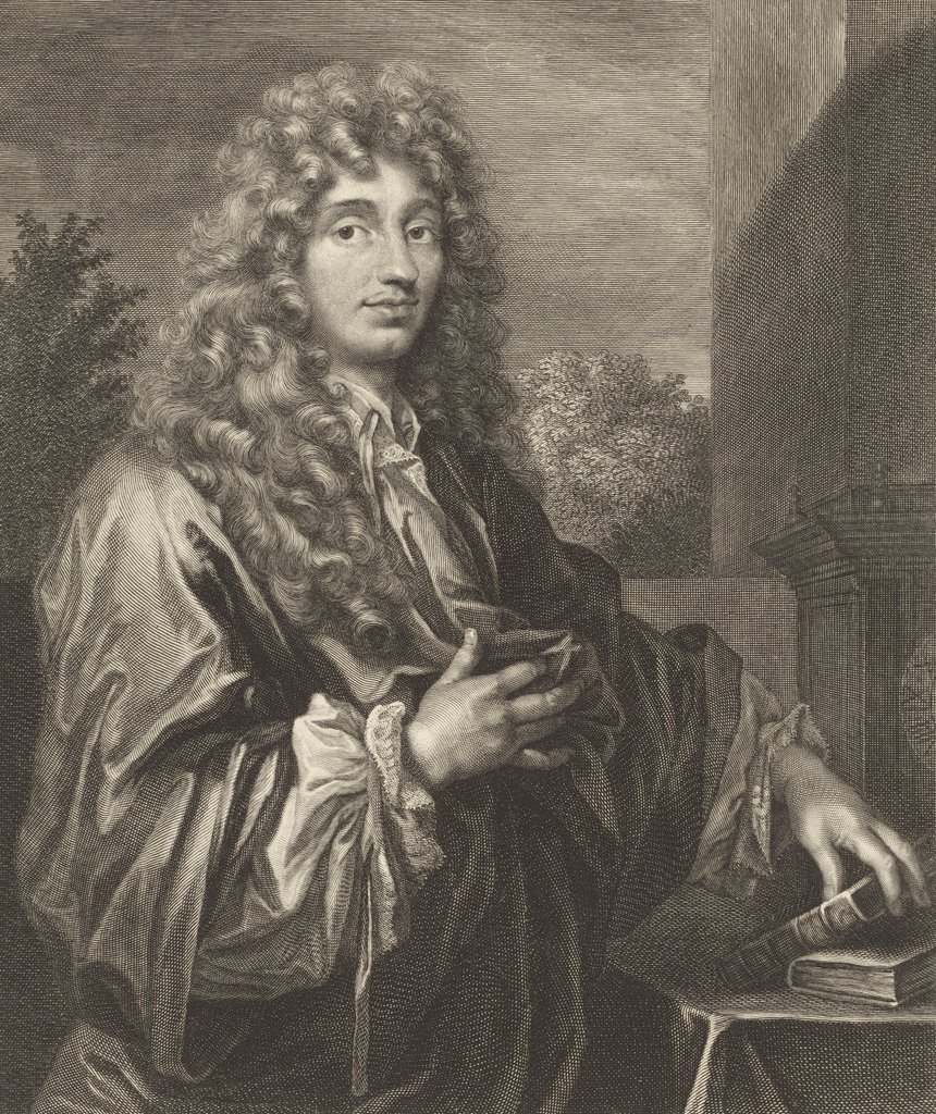 Ritratto di Christiaan Huygens, incisione di Jacques-Antoine Friquet de Vauroze, circa 1687