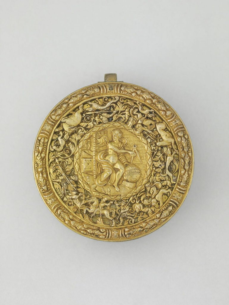 Orologio a forma di tamburo, acciaio e ottone, cassa in parte traforata, fusa e cesellata, Germania, circa 1550