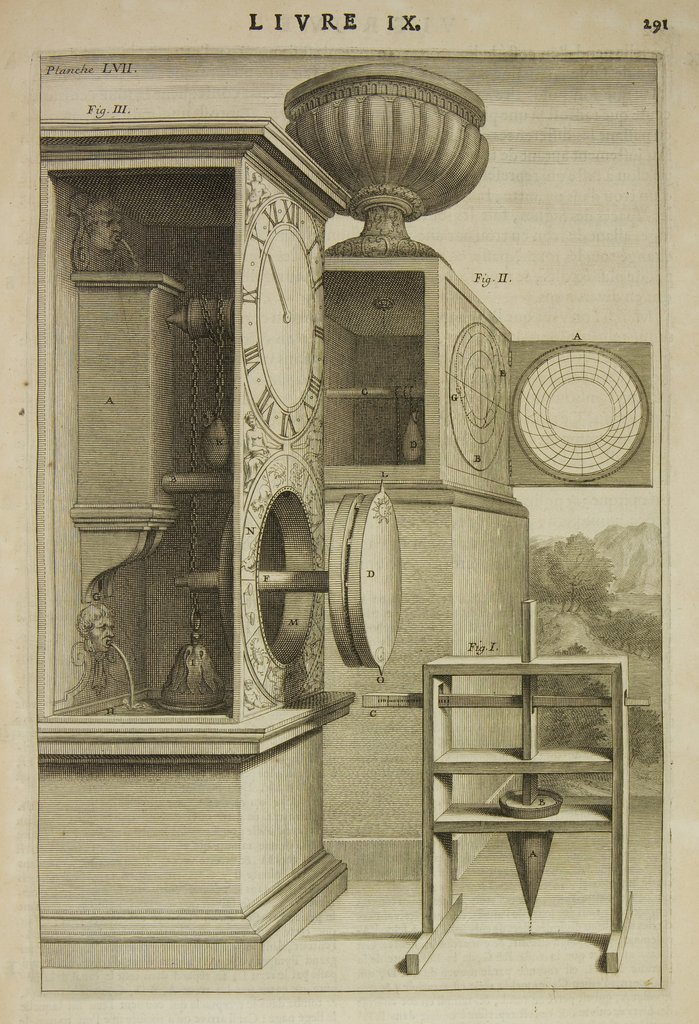 In basso a destra, uno strumento a due coni di cui abbiamo visto il funzionamento nel testo di questo studio. Il flusso dell'acqua è regolato per fornire le ore diseguali. - 
Sullo sfondo, un orologio anaforico in cui le ore sono indicate su un analemma (il cerchio a destra dell'orologio), che non è altro che una proiezione della sfera celeste come sugli astrolabi. Il flusso dell'acqua non è regolato. - 
A sinistra, un orologio a timpano in cui il passaggio dell'acqua è regolato ruotando quotidianamente il disco che si trova in basso (normalmente in posizione "spinta"), costituito da due piatti di spessore variabile. Vedere la foto seguente per il dettaglio del sistema.