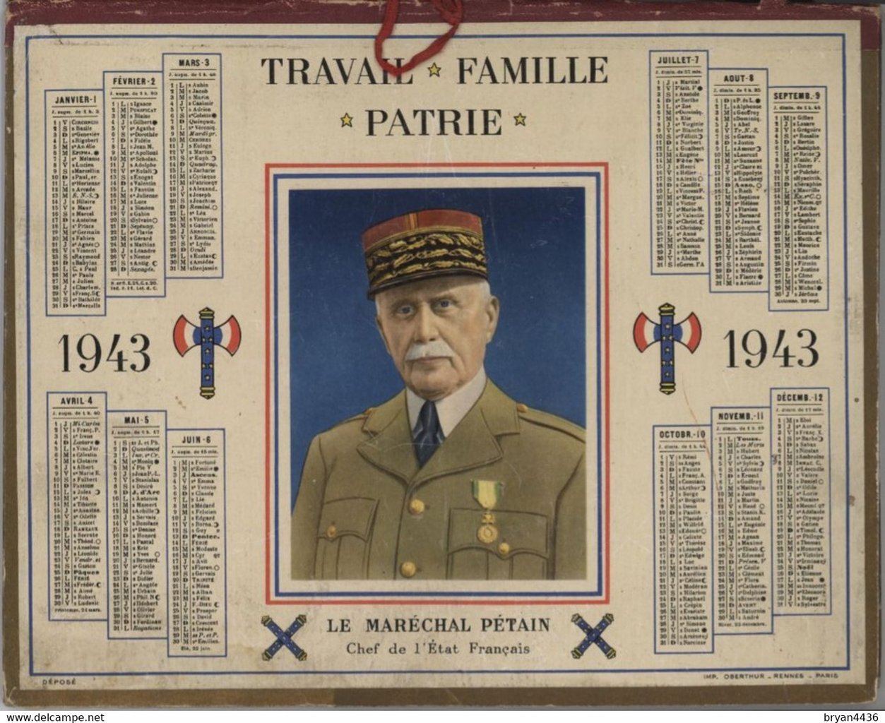 Calendario del 1943 con l'effigie del maresciallo Pétain