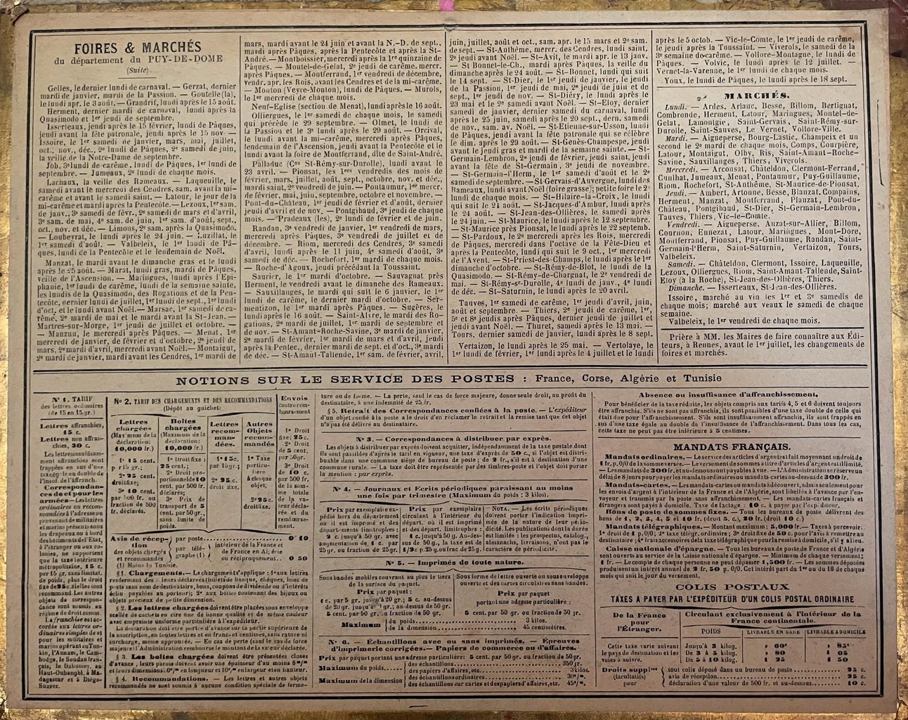 Almanach des postes 1898, verso: fiere e mercati del dipartimento del Puy-de-Dôme