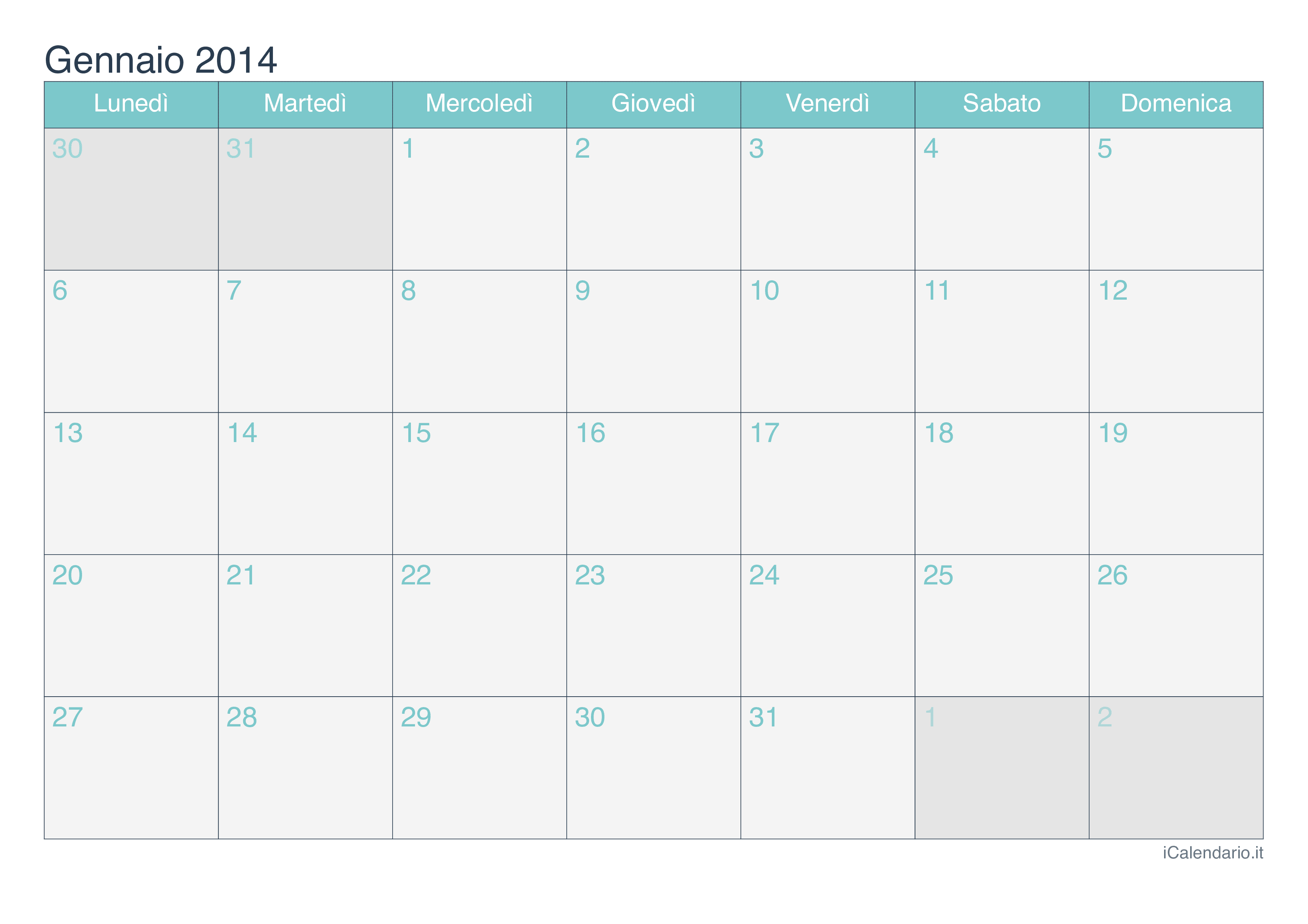 Calendario mensile 2014 - Turchese