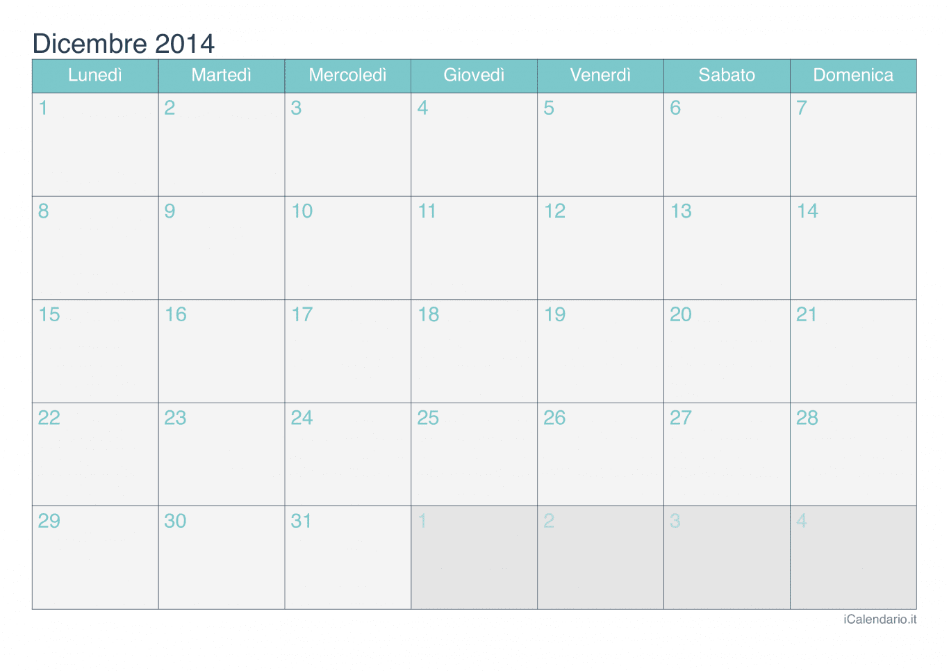 Calendario di dicembre 2014 - Turchese