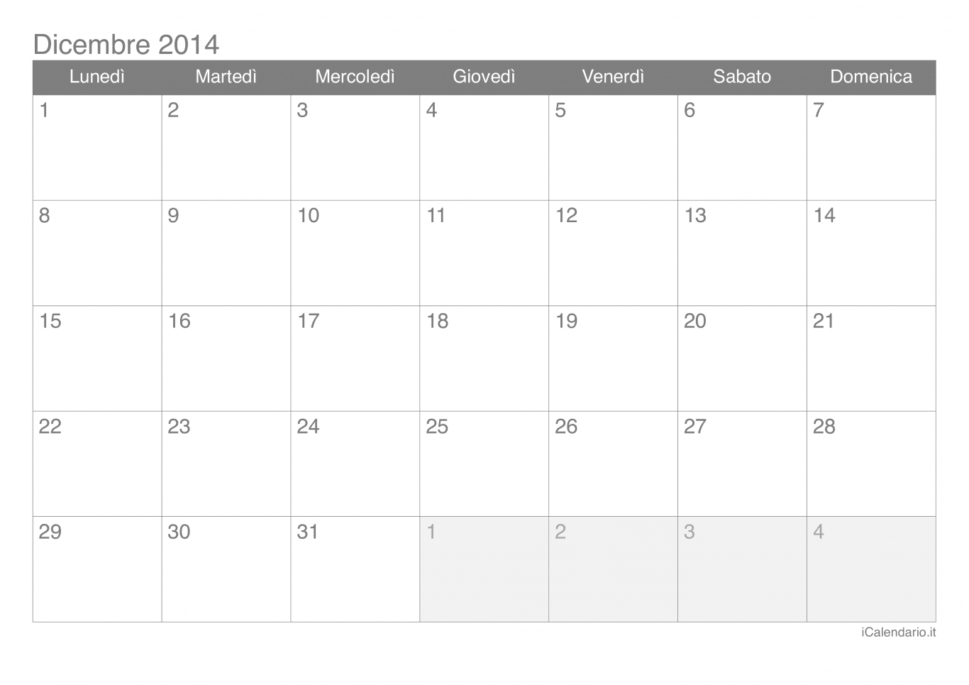Calendario di dicembre 2014
