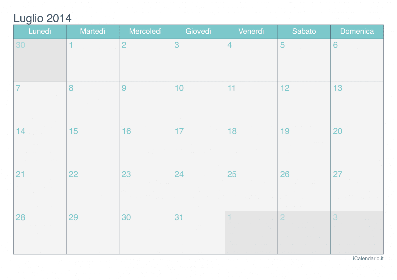Calendario di luglio 2014 - Turchese