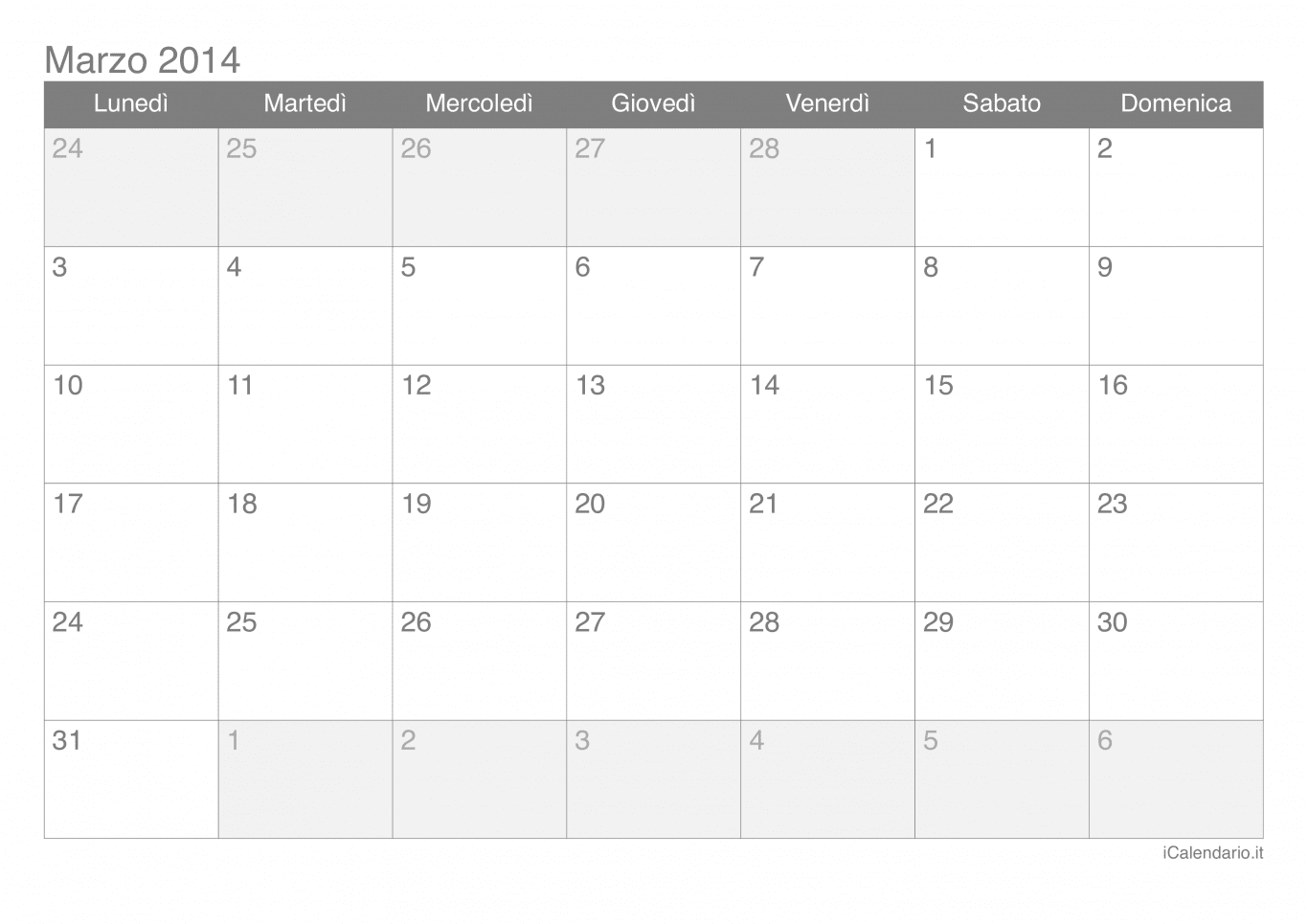 Calendario di marzo 2014