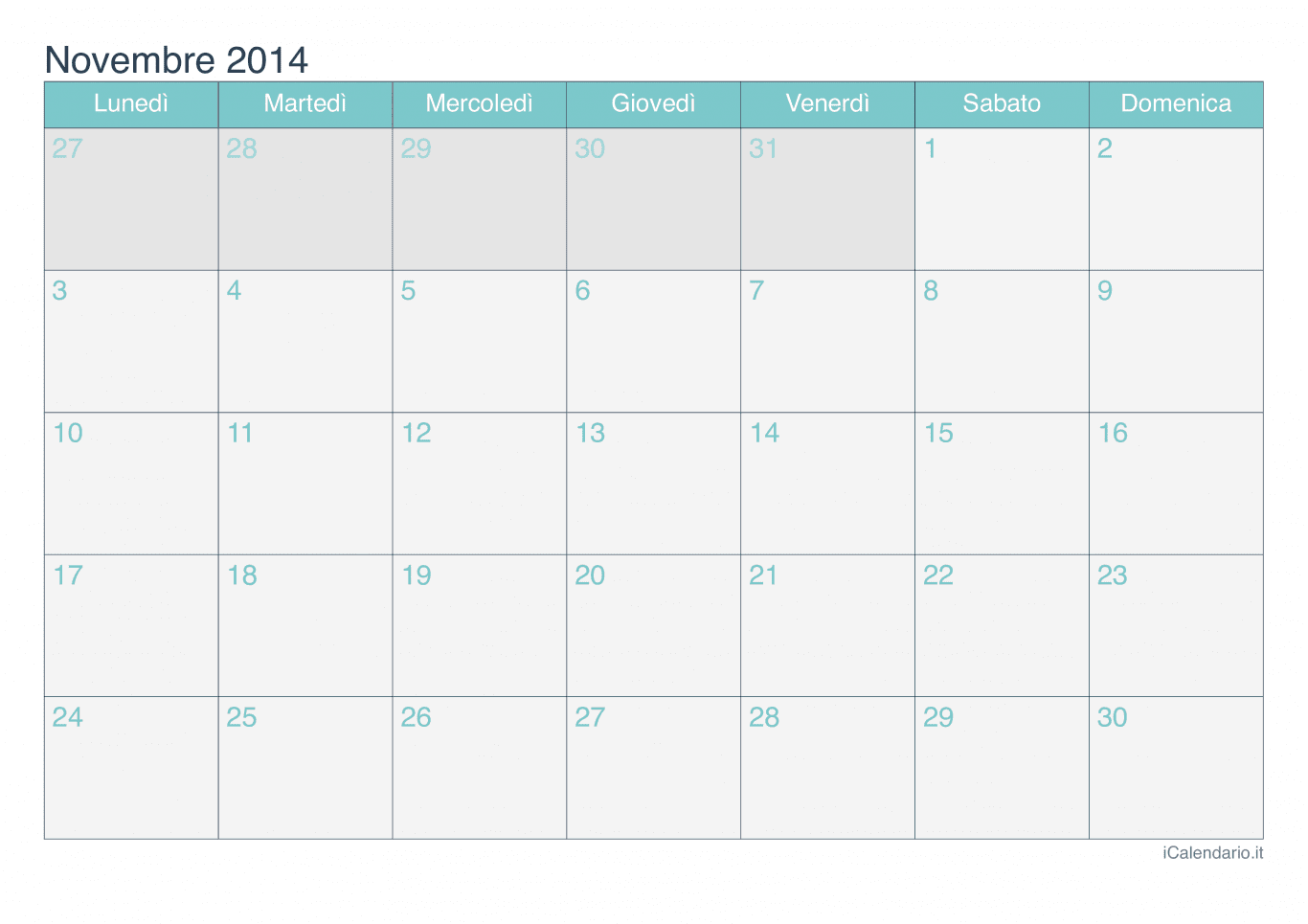 Calendario di novembre 2014 - Turchese