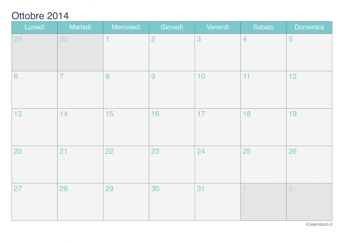 Calendario di ottobre 2014 - Turchese