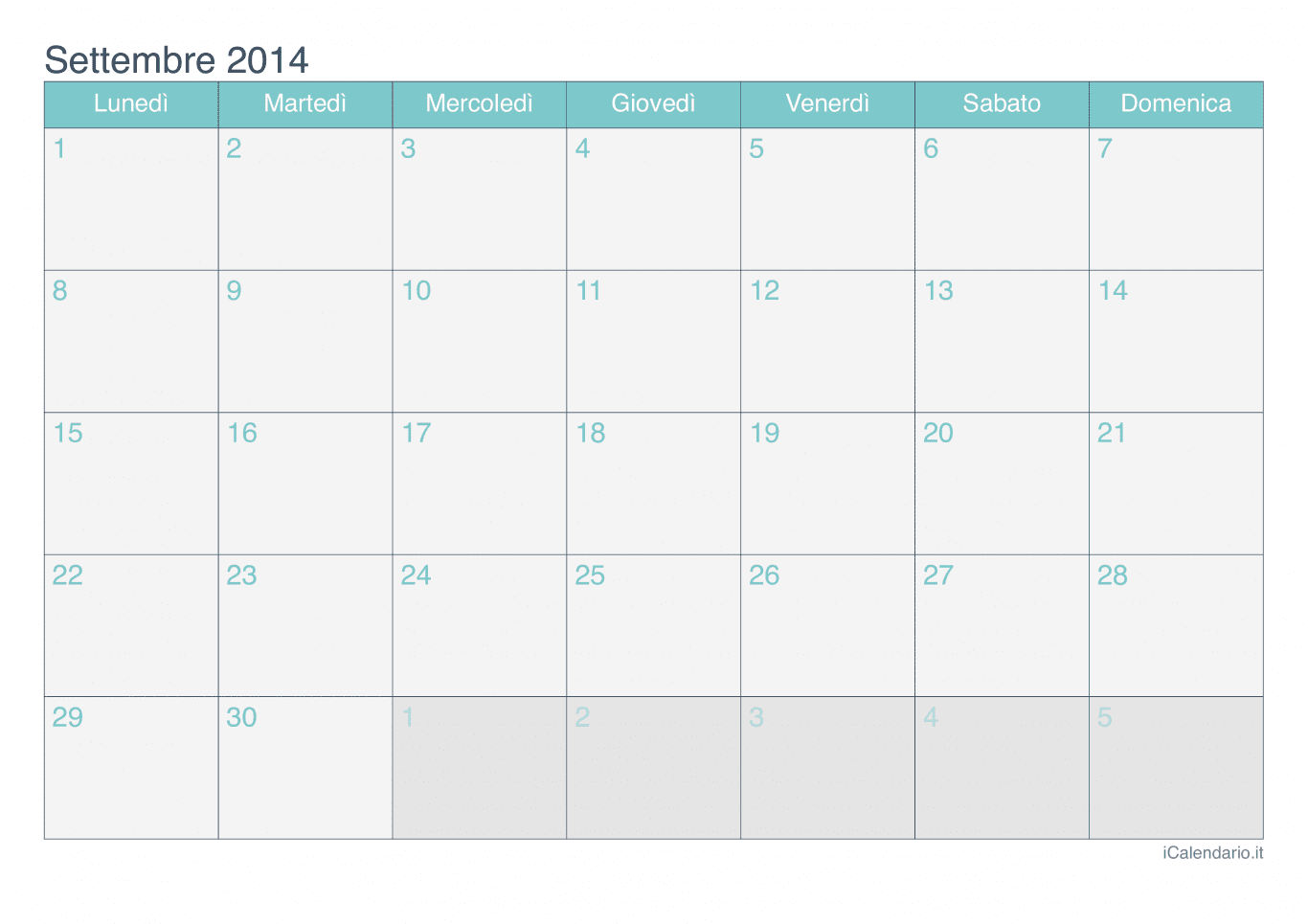 Calendario di settembre 2014 - Turchese