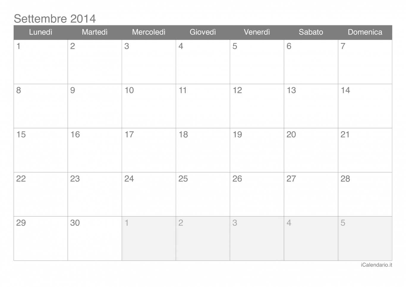 Calendario di settembre 2014