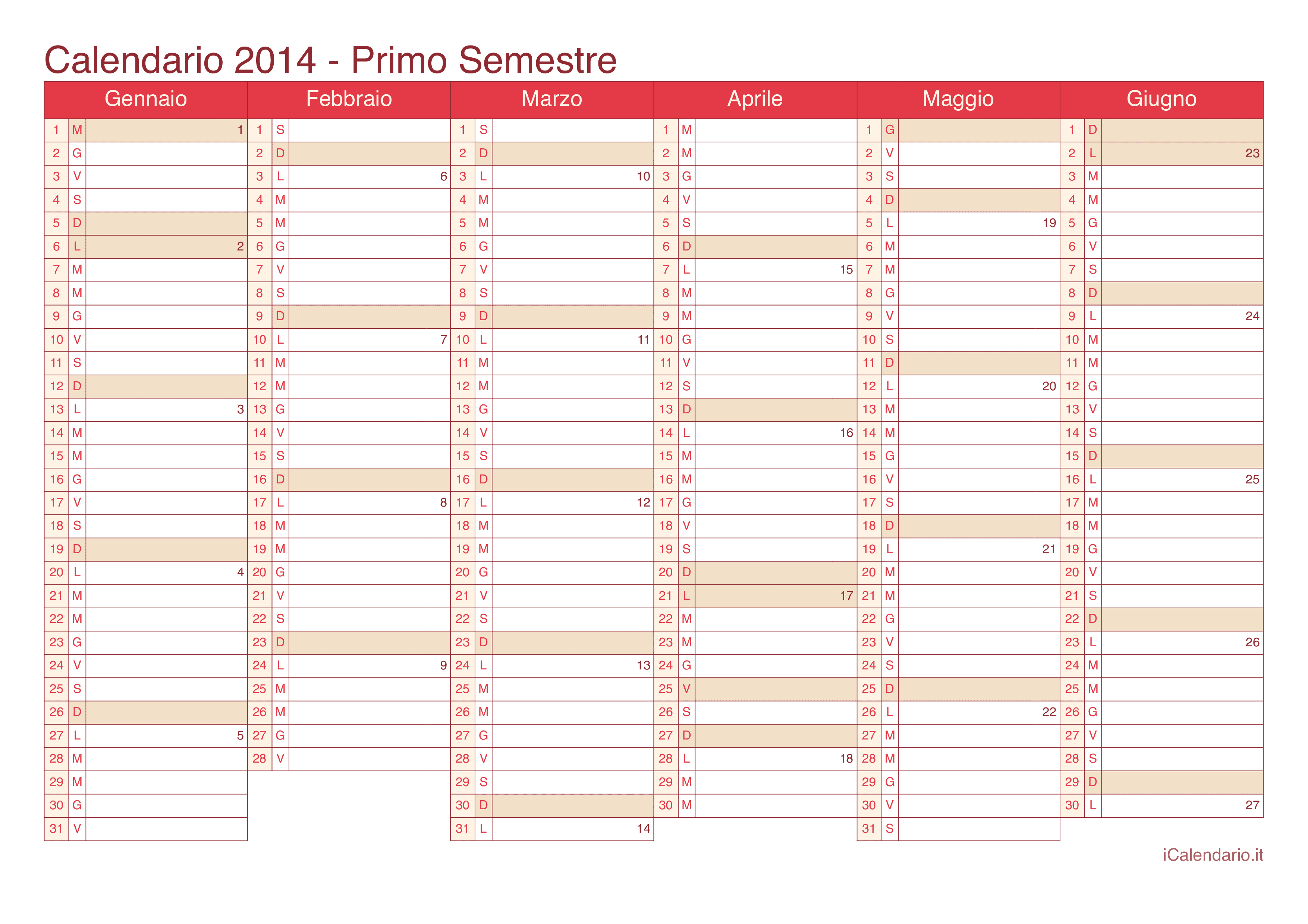 Calendario semestrale con numeri delle settimane 2014 - Cherry