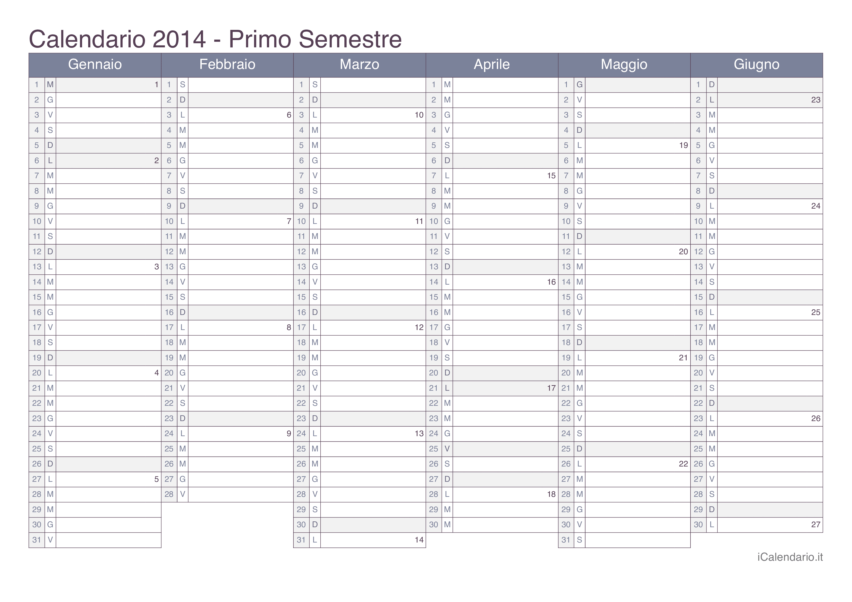 Calendario semestrale con numeri delle settimane 2014 - Office