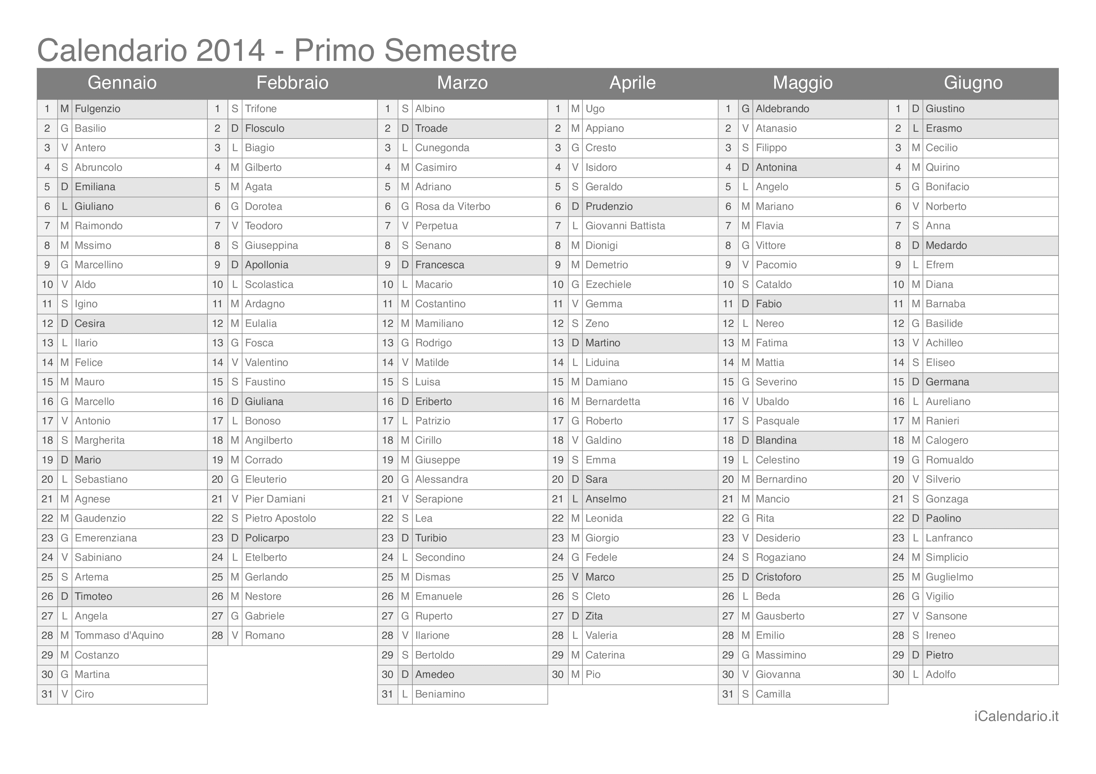 Calendario semestrale 2014 con santi e festivi