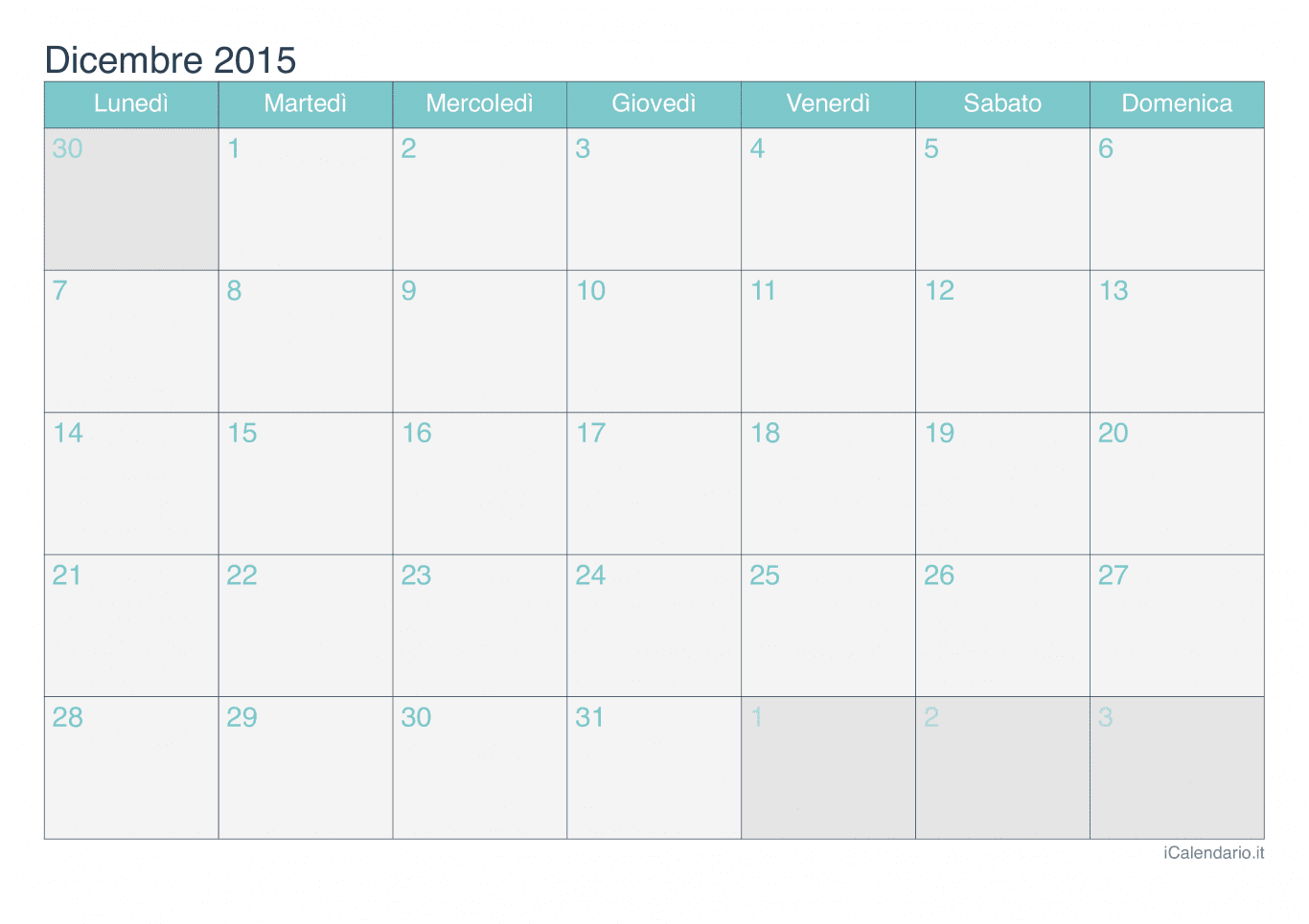 Calendario di dicembre 2015 - Turchese