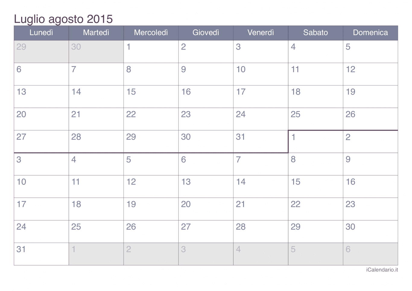 Calendario di luglio agosto 2015 - Office