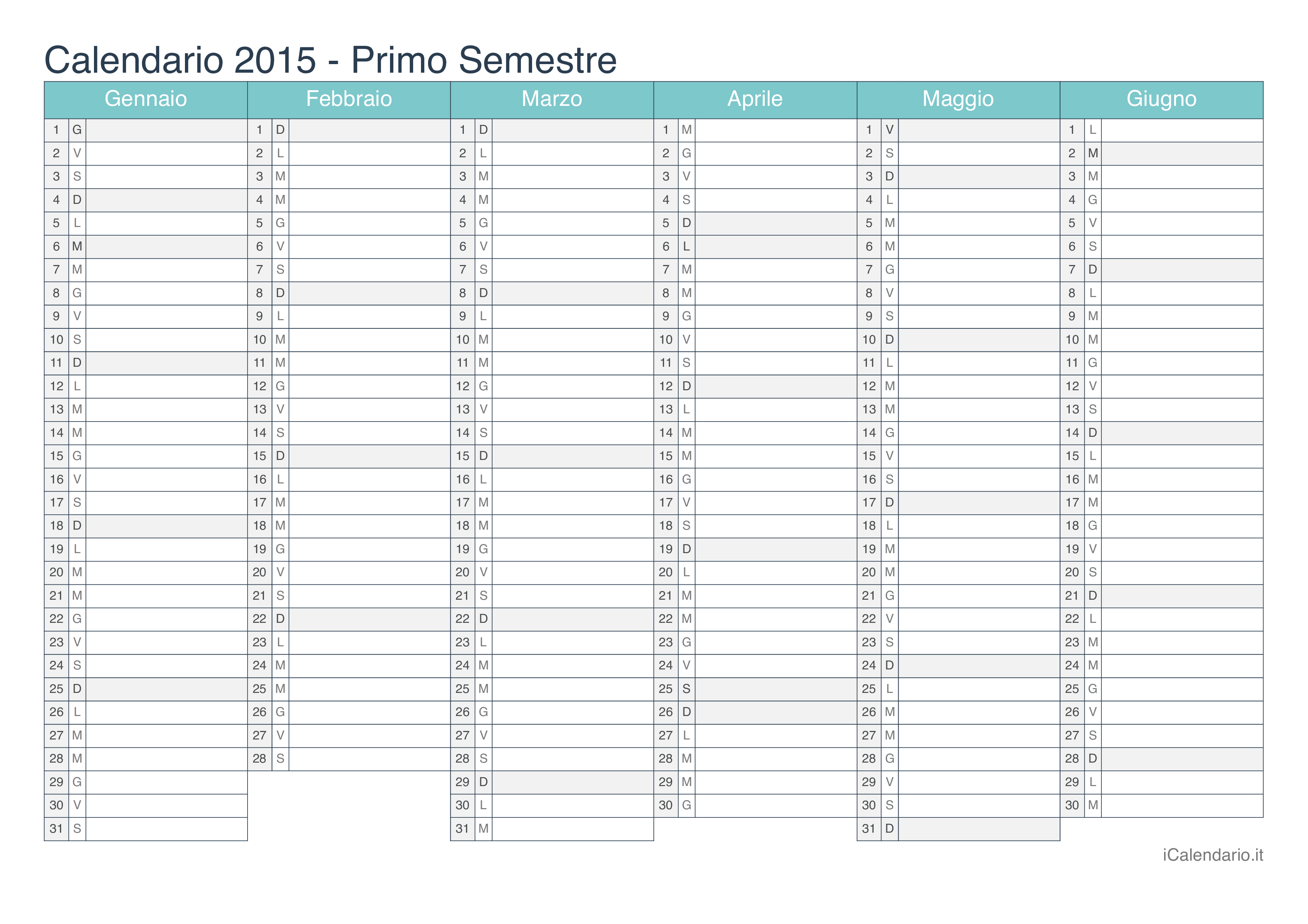 Calendario semestrale 2015 - Turchese