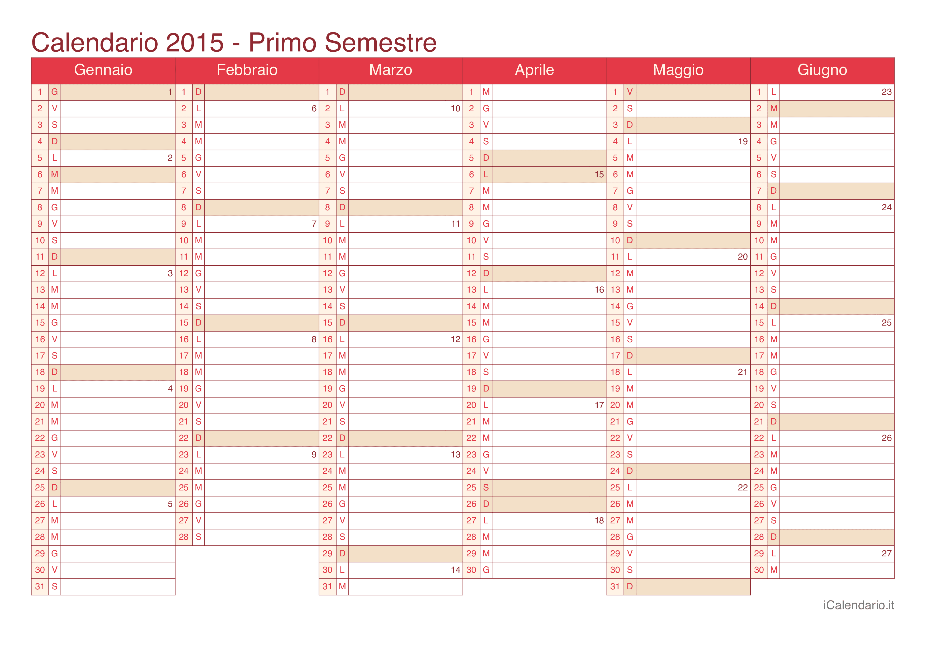 Calendario semestrale con numeri delle settimane 2015 - Cherry