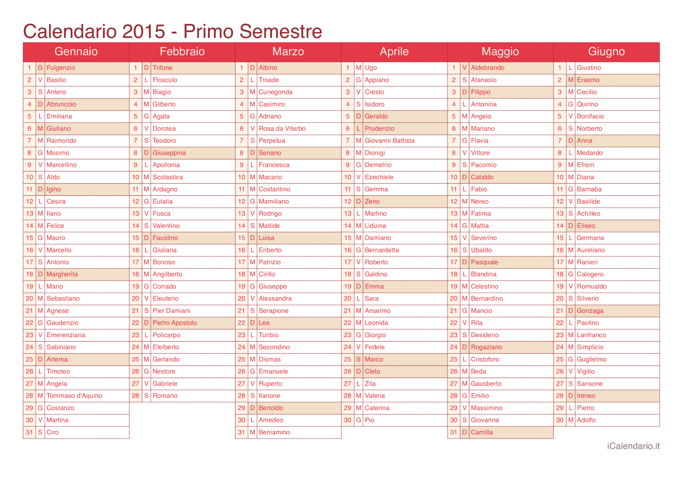 Calendario semestrale 2015 con santi e festivi - Cherry