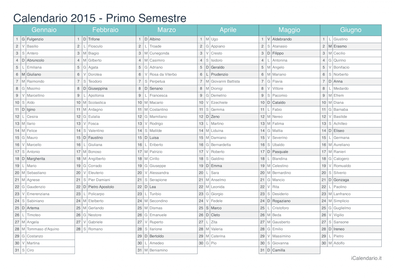 Calendario semestrale 2015 con santi e festivi - Turchese