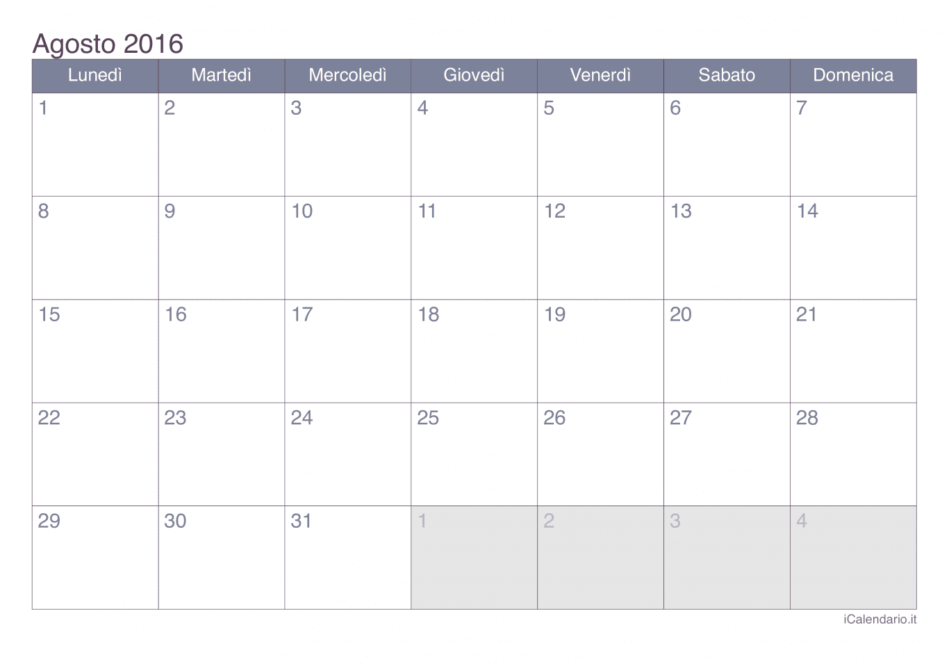 Calendario di agosto 2016 - Office