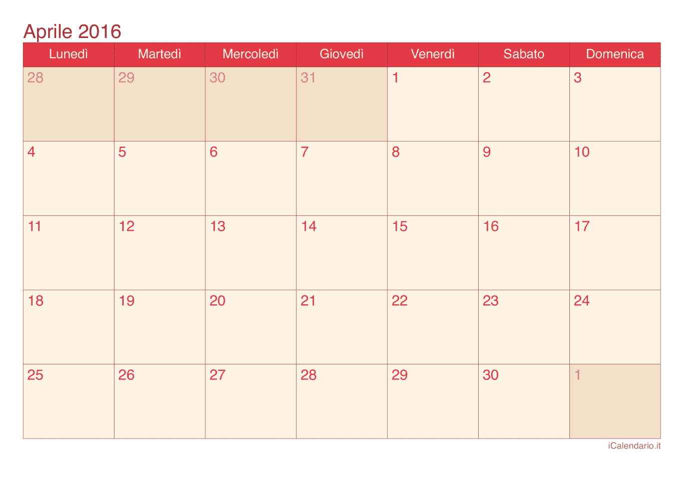 Calendario di aprile 2016 - Cherry
