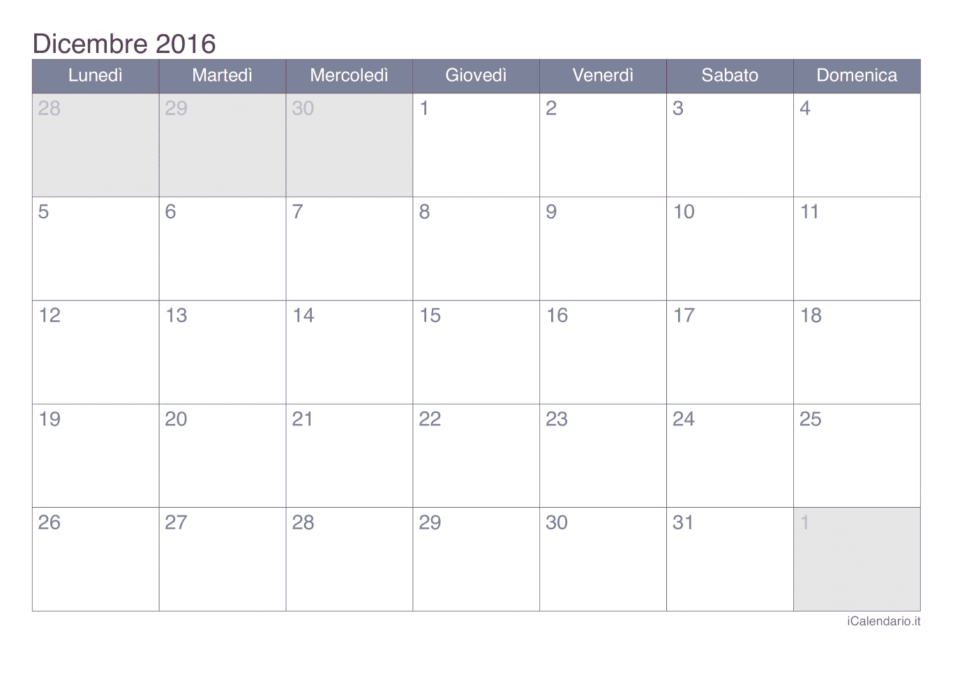 Calendario di dicembre 2016 - Office