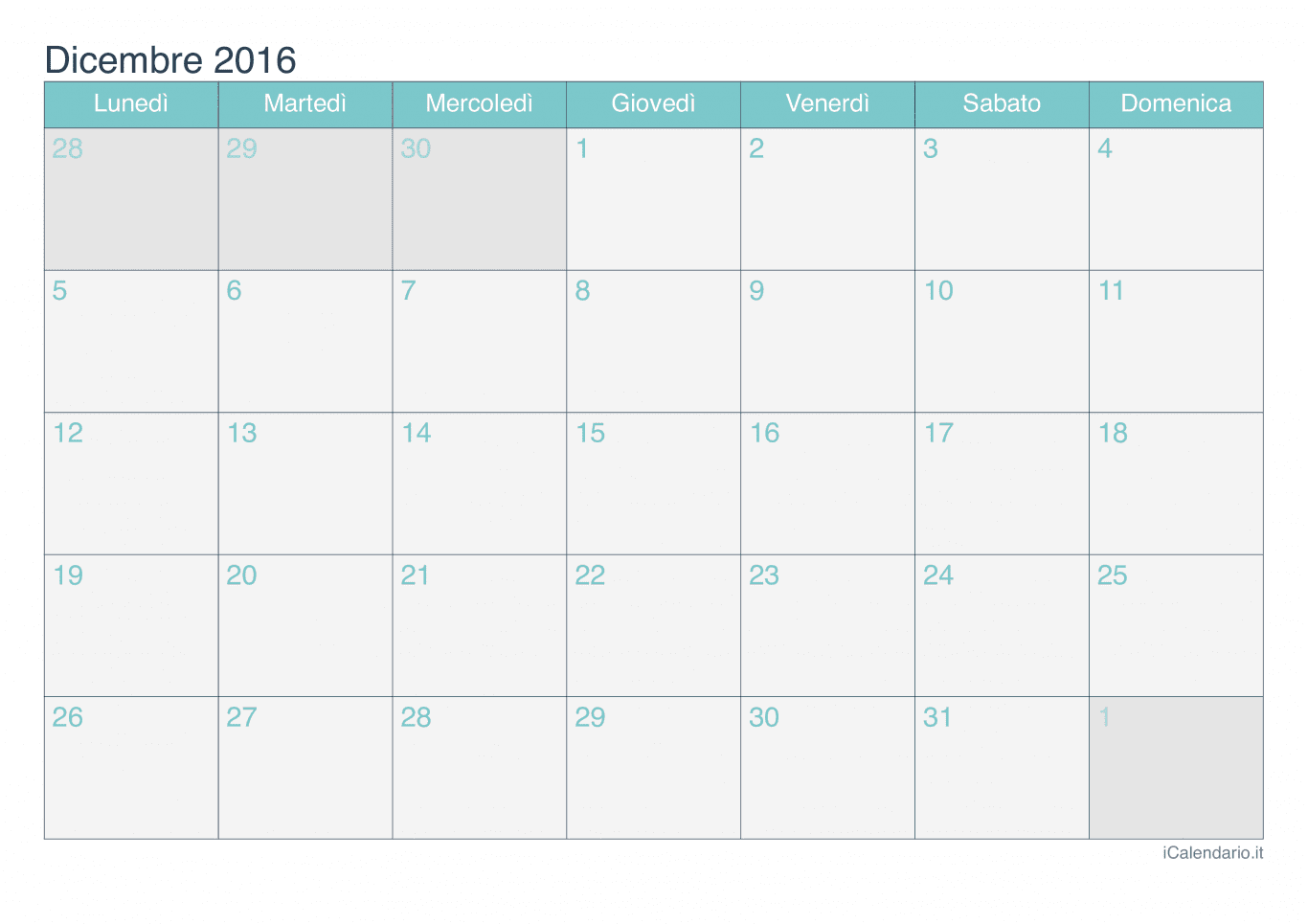 Calendario di dicembre 2016 - Turchese