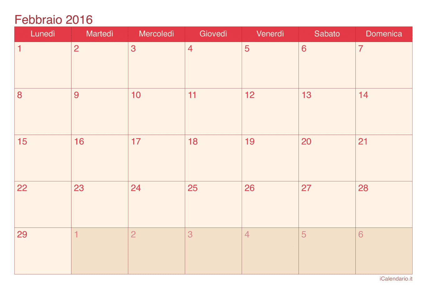 Calendario di febbraio 2016 - Cherry