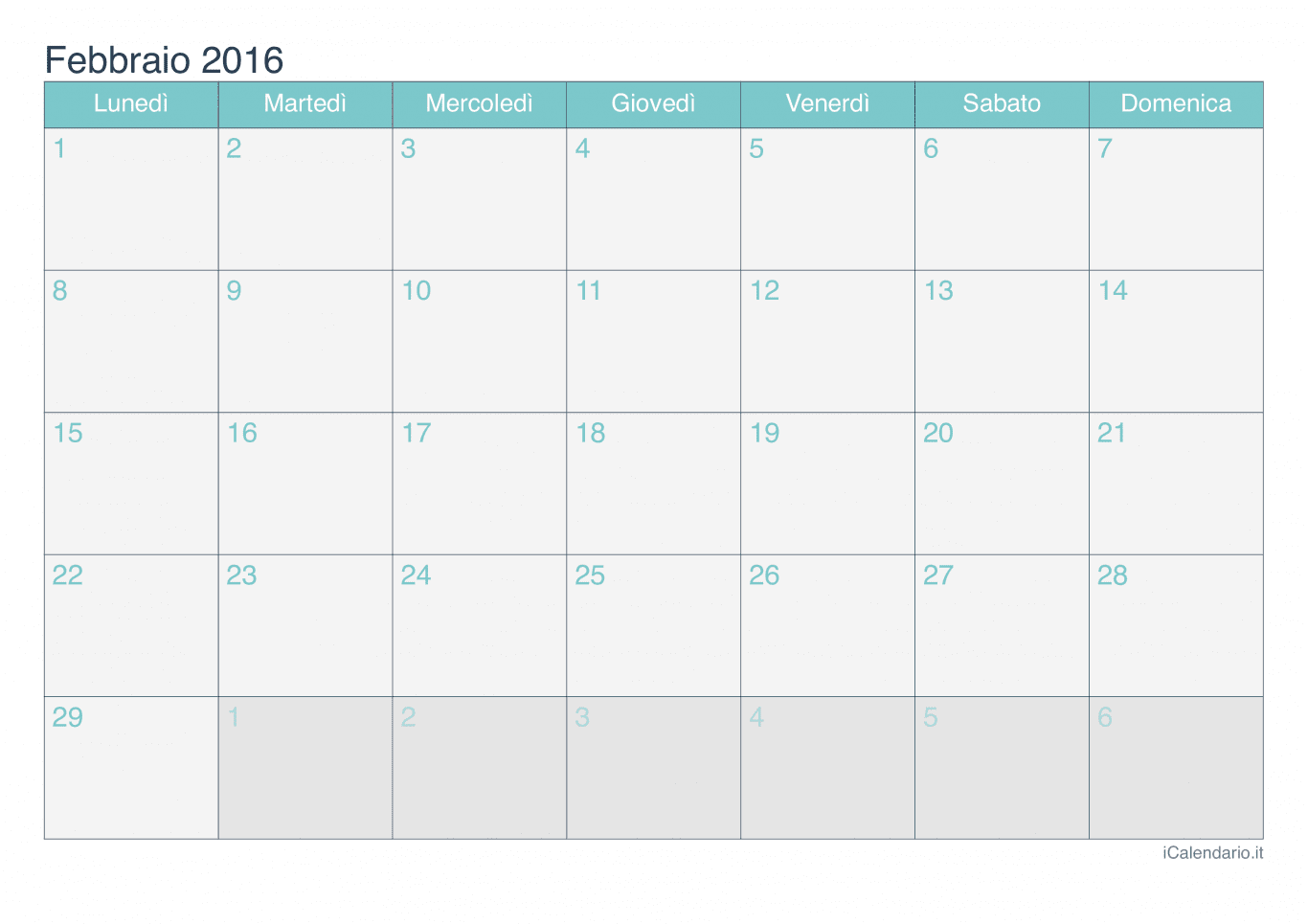 Calendario di febbraio 2016 - Turchese