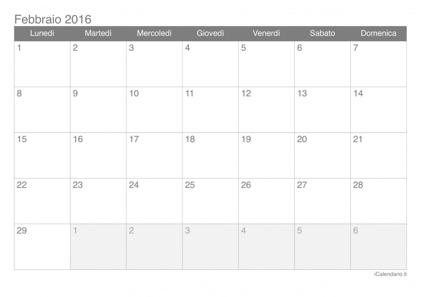 Calendario di febbraio 2016