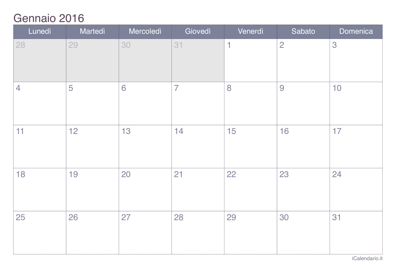 Calendario di gennaio 2016 - Office