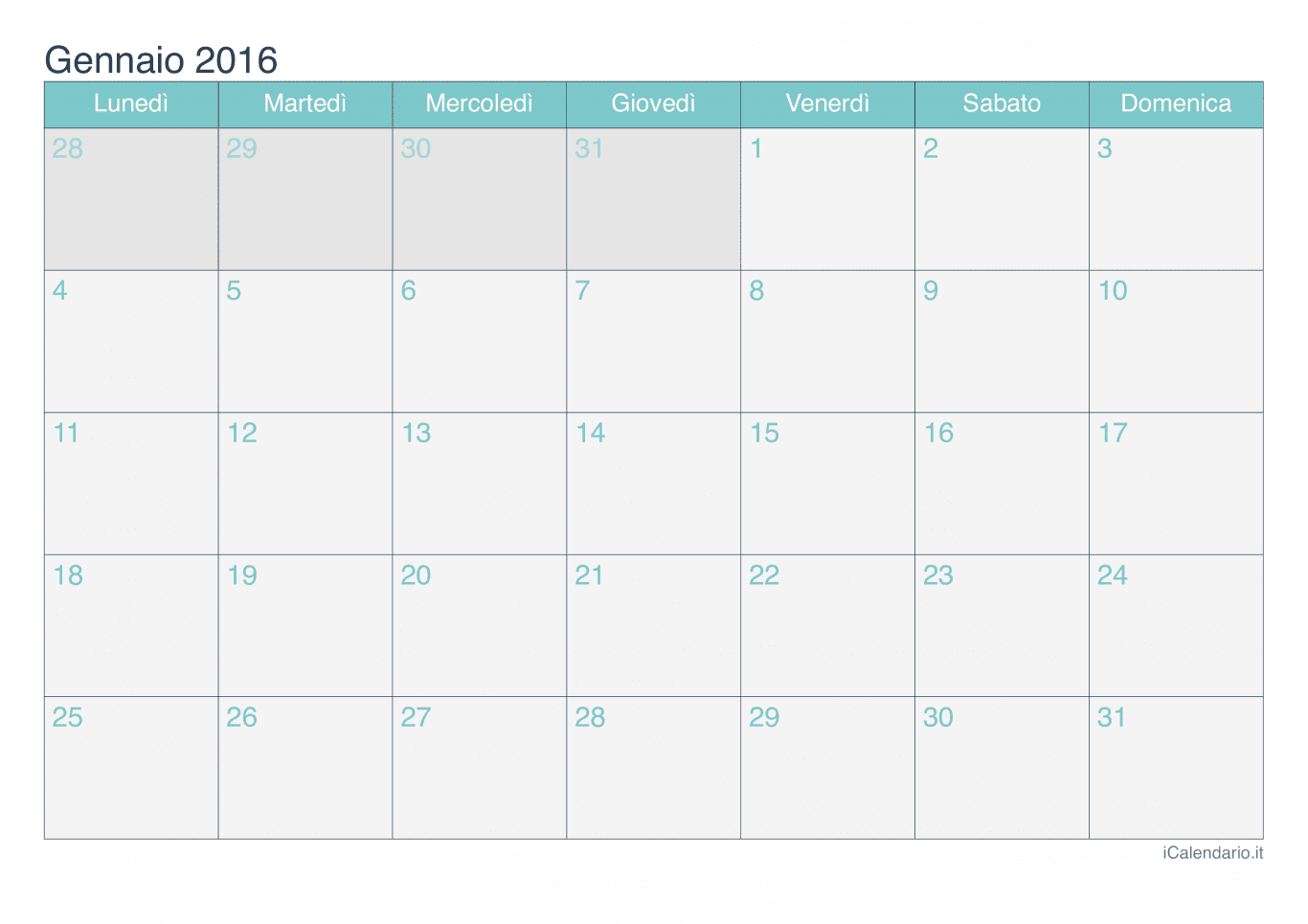Calendario di gennaio 2016 - Turchese