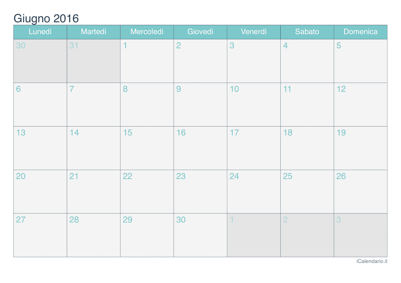 Calendario di giugno 2016 - Turchese