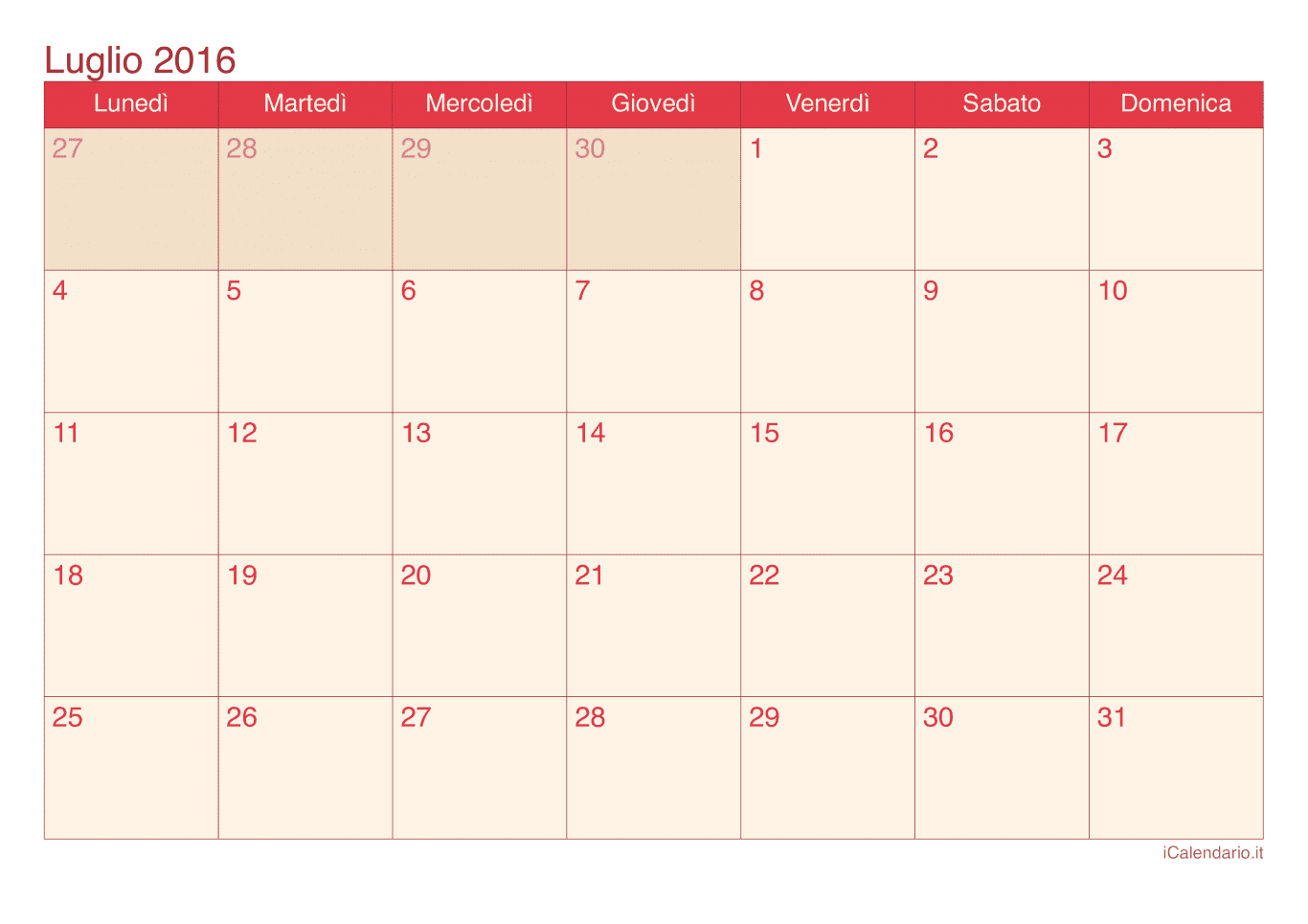 Calendario di luglio 2016 - Cherry
