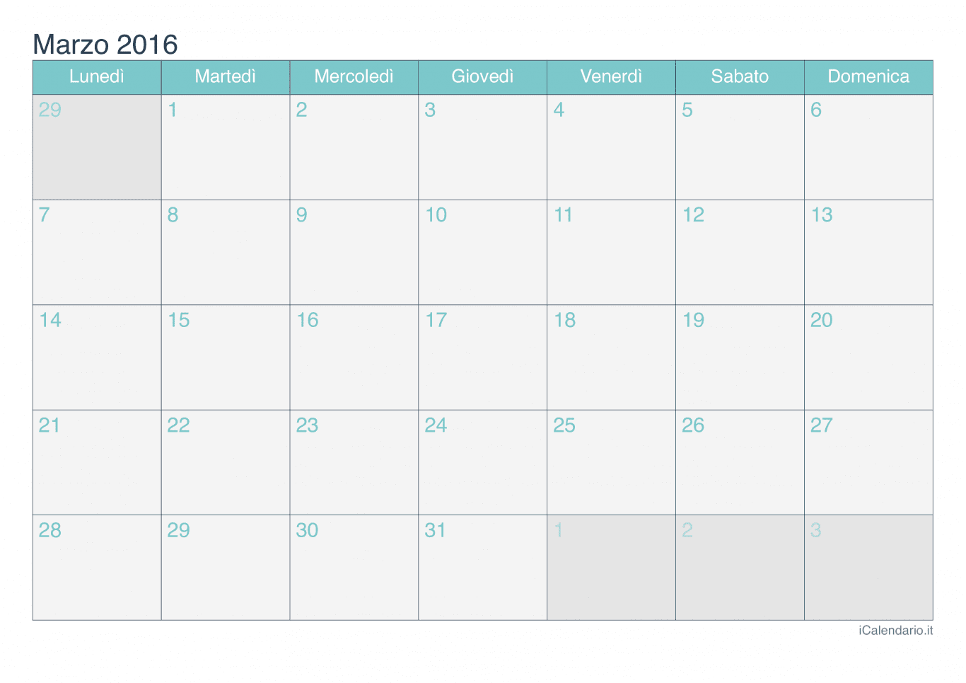 Calendario di marzo 2016 - Turchese
